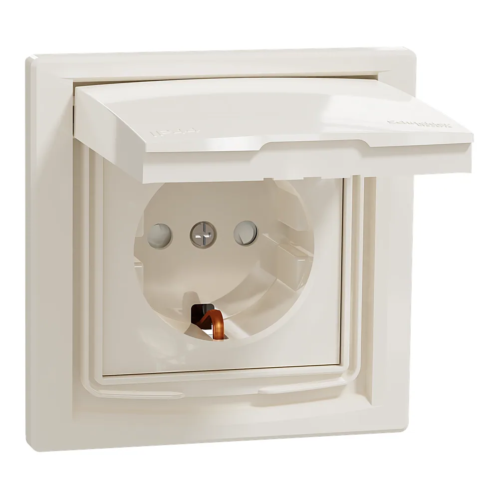 Розетка Asfora IP44 з заземленням зі шторками з кришкою кремова Schneider Electric EPH3100323