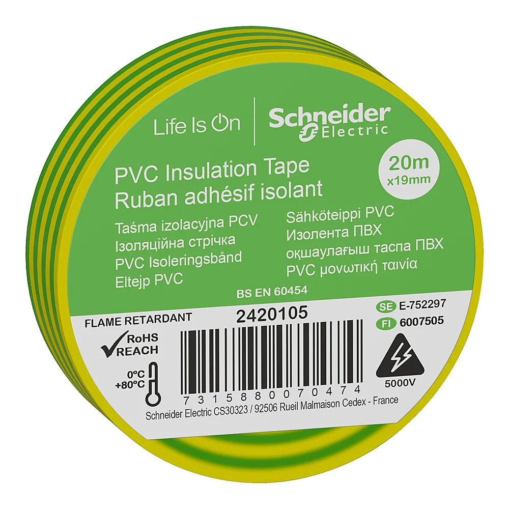 Ізоляційна стрічка 19 мм 20 м жовто-зелена Schneider Electric 2420105