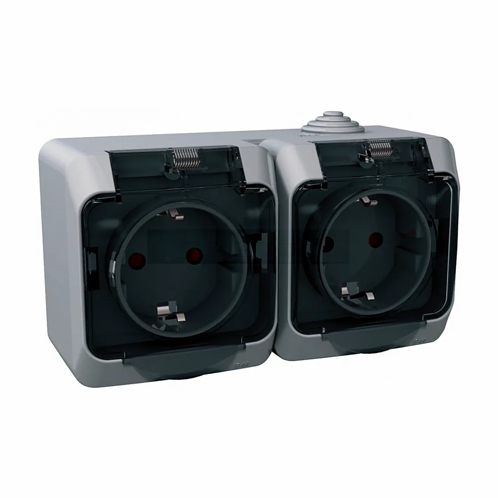 Розетка Schneider Electric Cedar подвійна з заземленням із захисними шторками IP44 16A 250V прозора кришка сірий WDE000625