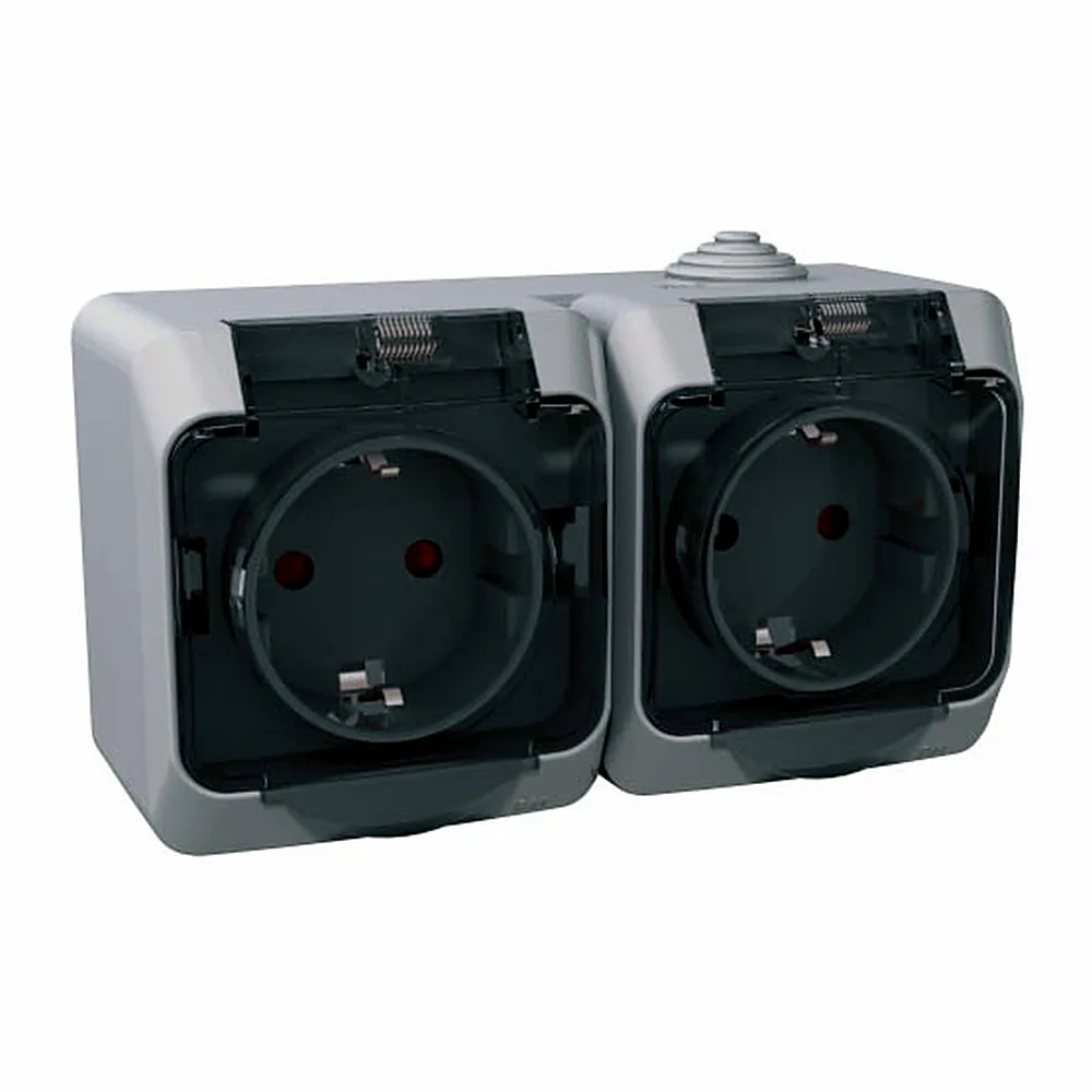 Розетка Schneider Electric Cedar подвійна з заземленням із захисними шторками IP44 16A 250V прозора кришка сірий WDE000625