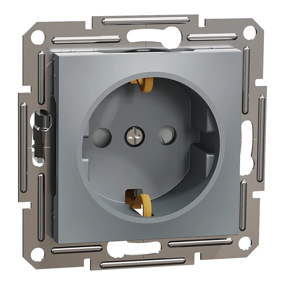 Розетка Asfora з заземленням із захисними шторками сталь Schneider Electric EPH2900262