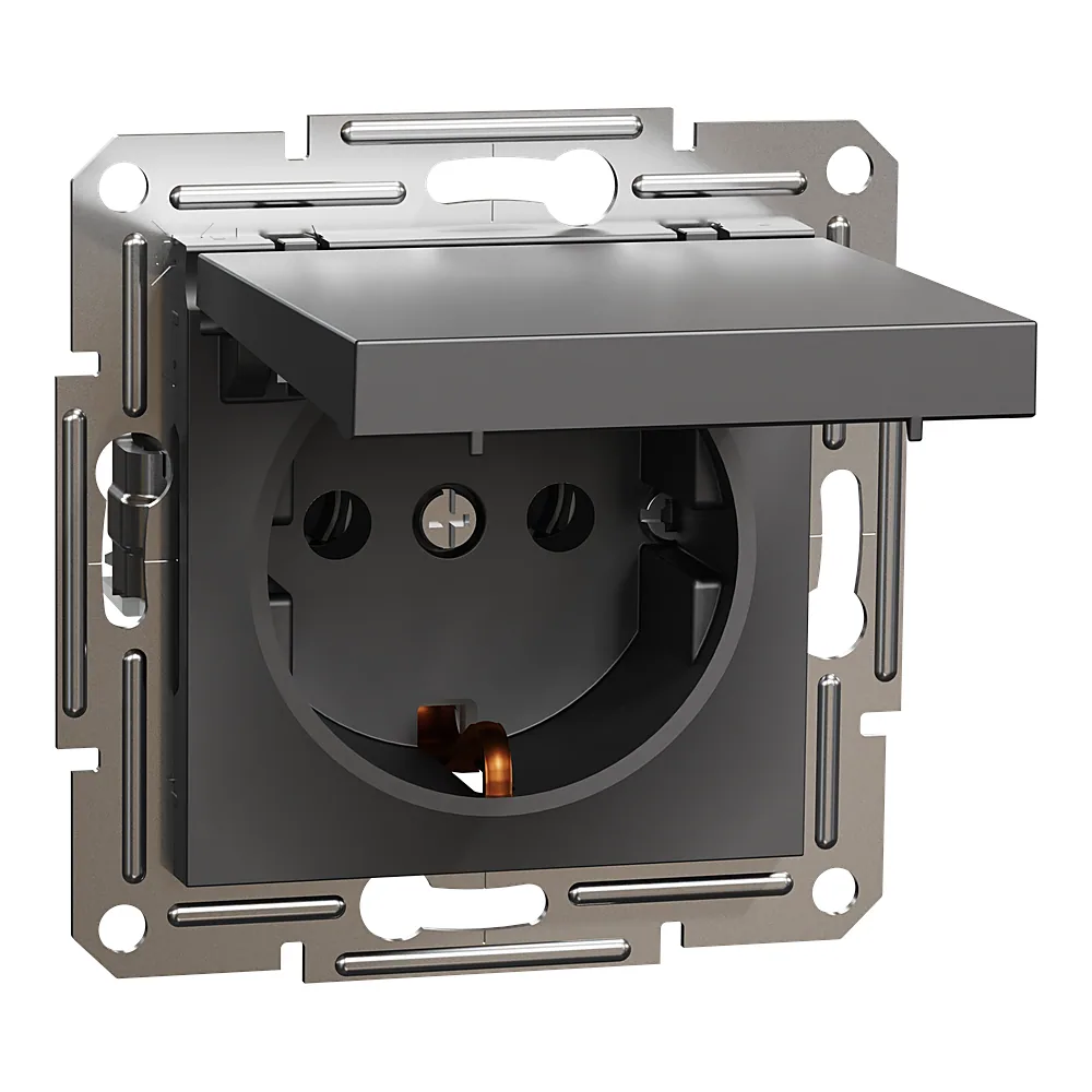 Розетка Asfora з заземленням з кришкою антрацит Schneider Electric EPH3100171