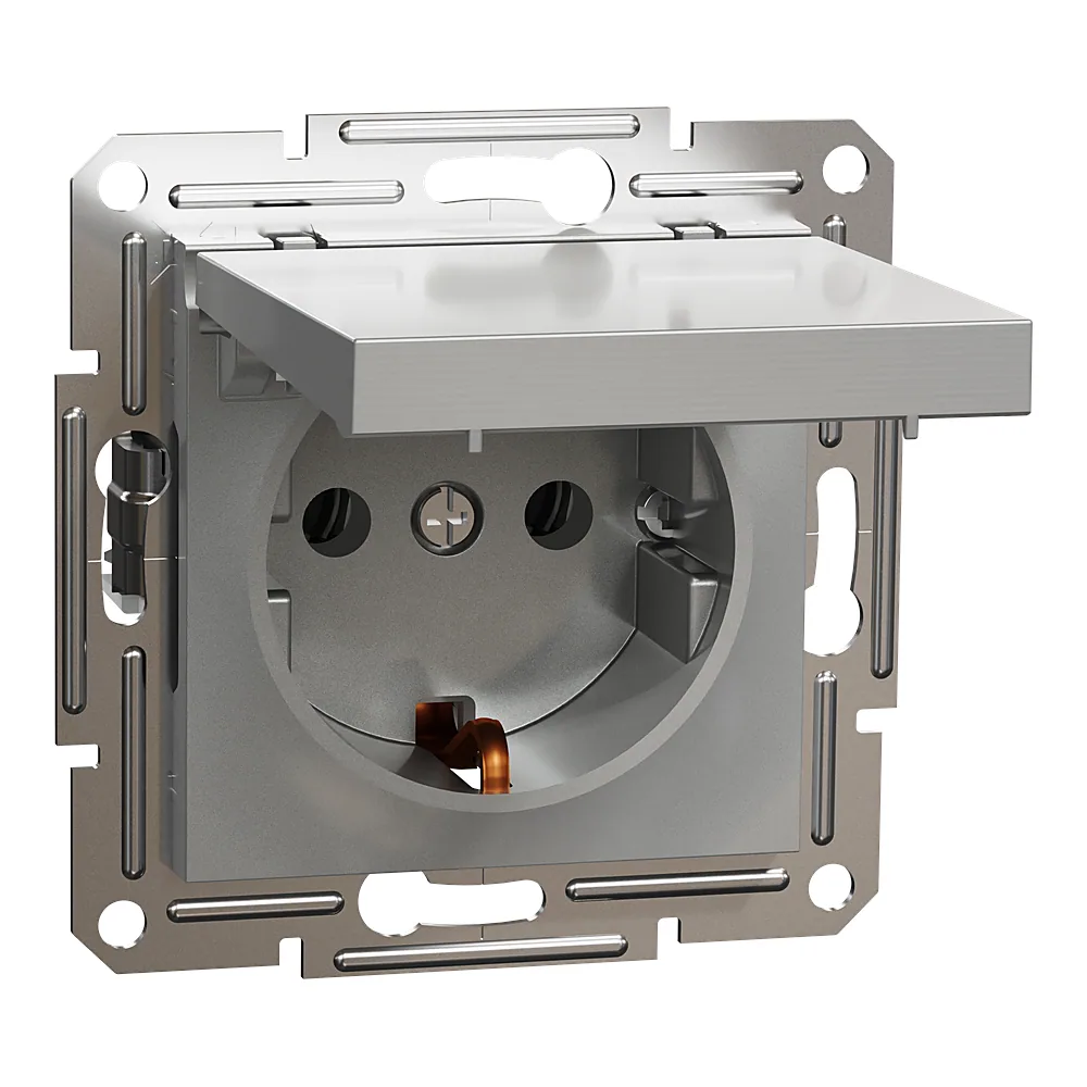 Розетка Asfora з заземленням з кришкою алюміній Schneider Electric EPH3100161