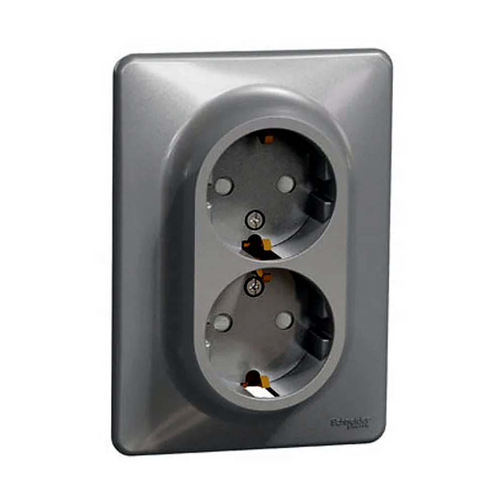 Розетка Schneider Electric SEDNA NEW SDD313221 подвійна з заземленням зі шторками алюмінієва