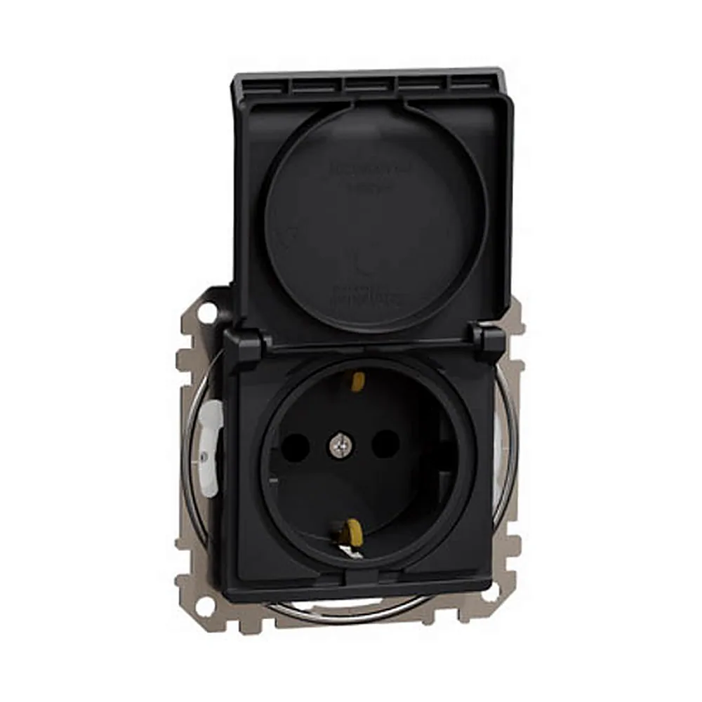 Розетка Schneider Electric SEDNA NEW SDD214024 з заземленням зі шторками з кришкою IP44 чорна
