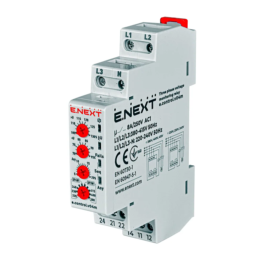 Реле контролю напруги E.NEXT e.control.v04m трифазне регульоване p0690021