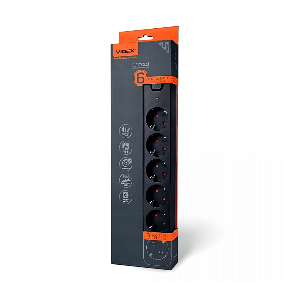 Подовжувач Videx ONCORD 6P з/з 3 м чорний VF-PD63G-B