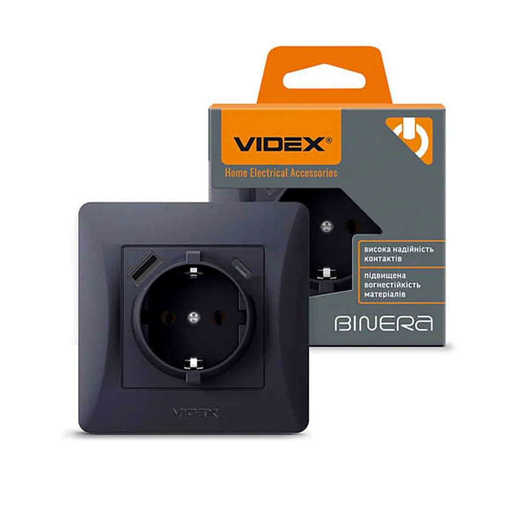 Розетка Videx BINERA з/к USB-A USB-C чорний графіт VF-BNSK1GUC-BG