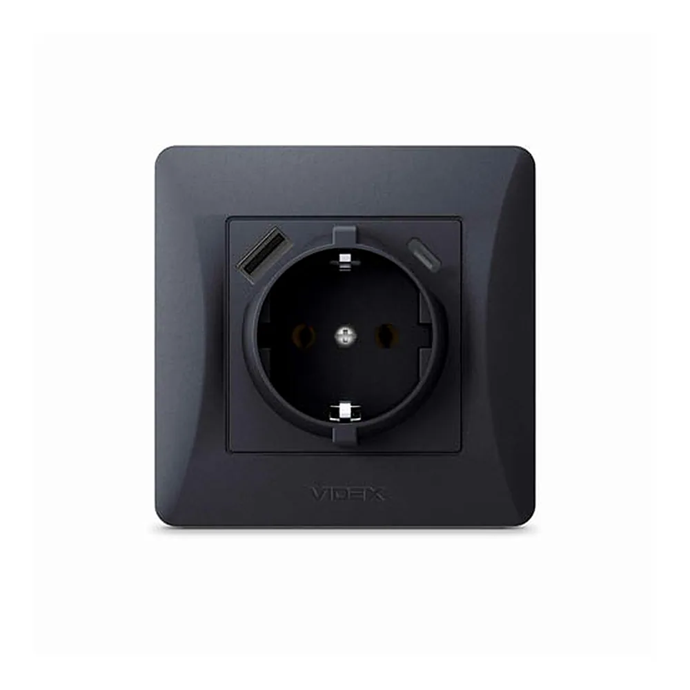 Розетка BINERA з заземленням USB-A USB-C чорний графіт Videx VF-BNSK1GUC-BG