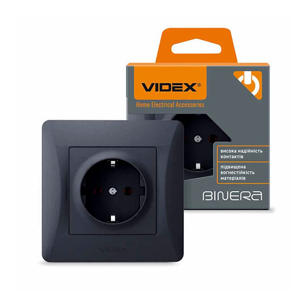 Розетка Videx BINERA 1-на з заземленням чорний графіт VF-BNSK1G-BG