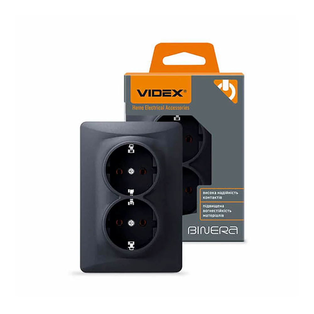 Розетка Videx BINERA 2-на з заземленням чорний графіт VF-BNSK2G-BG