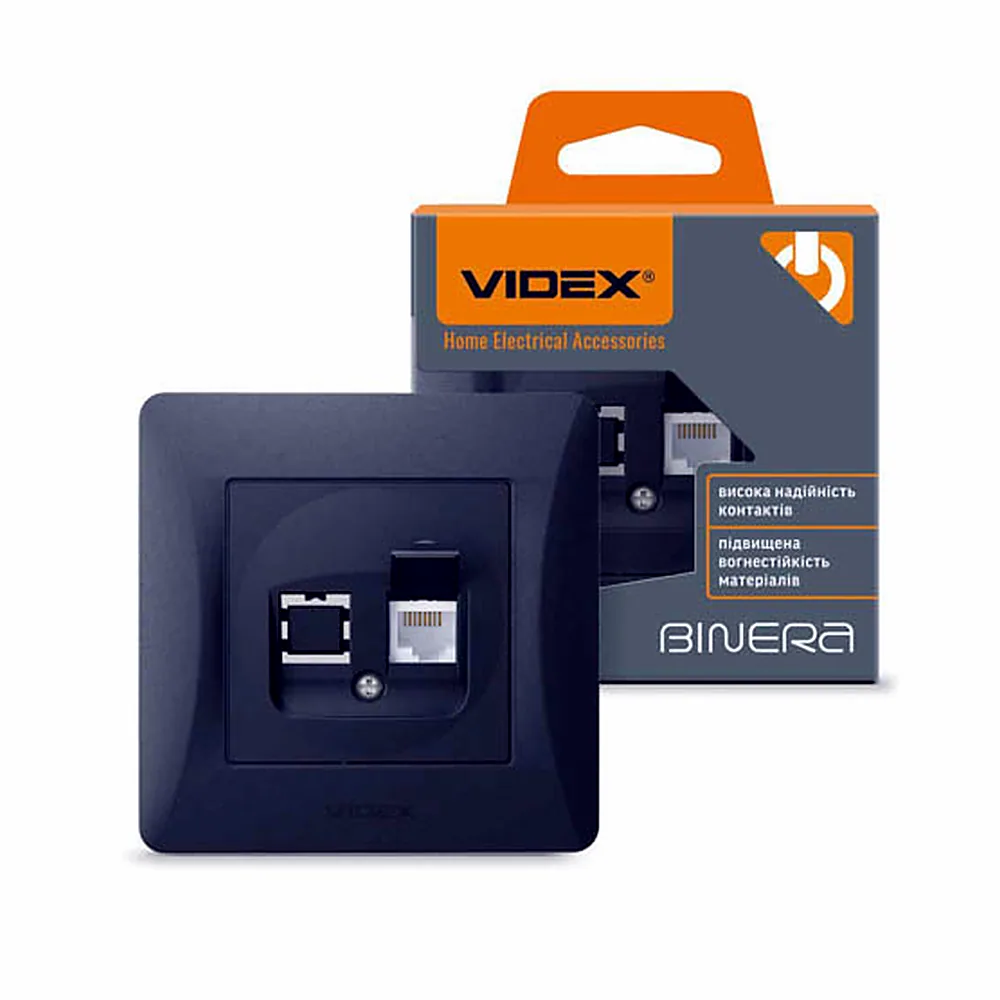 Розетка Videx BINERA CAT6 комп'ютерна одинарна чорний графіт VF-BNSK1PC6-BG