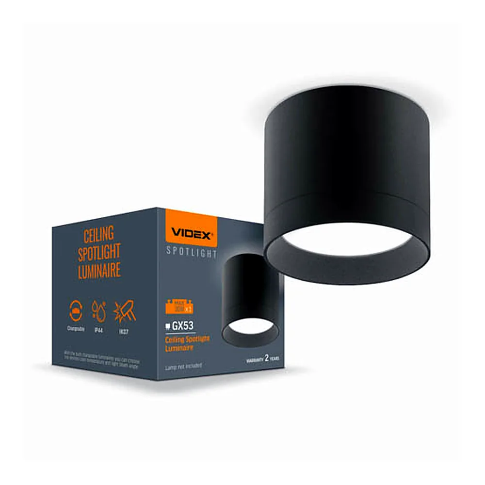 Світильник VIDEX VL-SPF19A-B IP44 GX53 накладний чорний VL-SPF19A-B