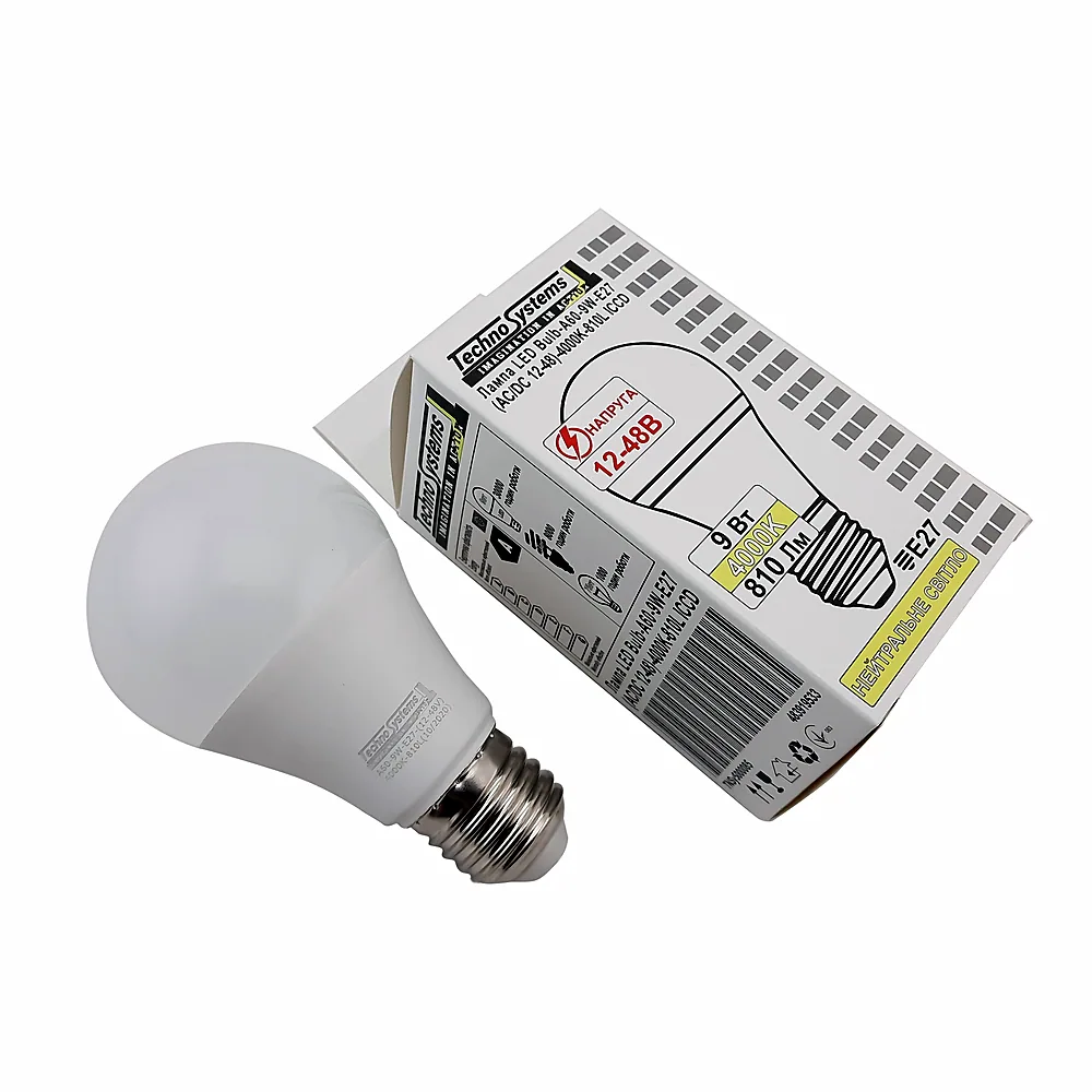 Лампа світлодіодна TECHNO SYSTEM A60-9W-E27-AC/DC 12-48V 4000K 810L TNSy5000085