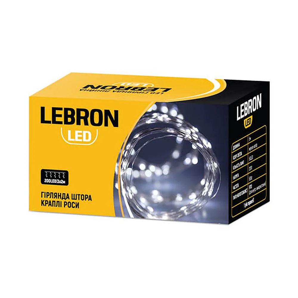 LED гірлянда LEBRON штора 3х2м краплі роси 200LED жовта USB пульт IP20 15-18-64