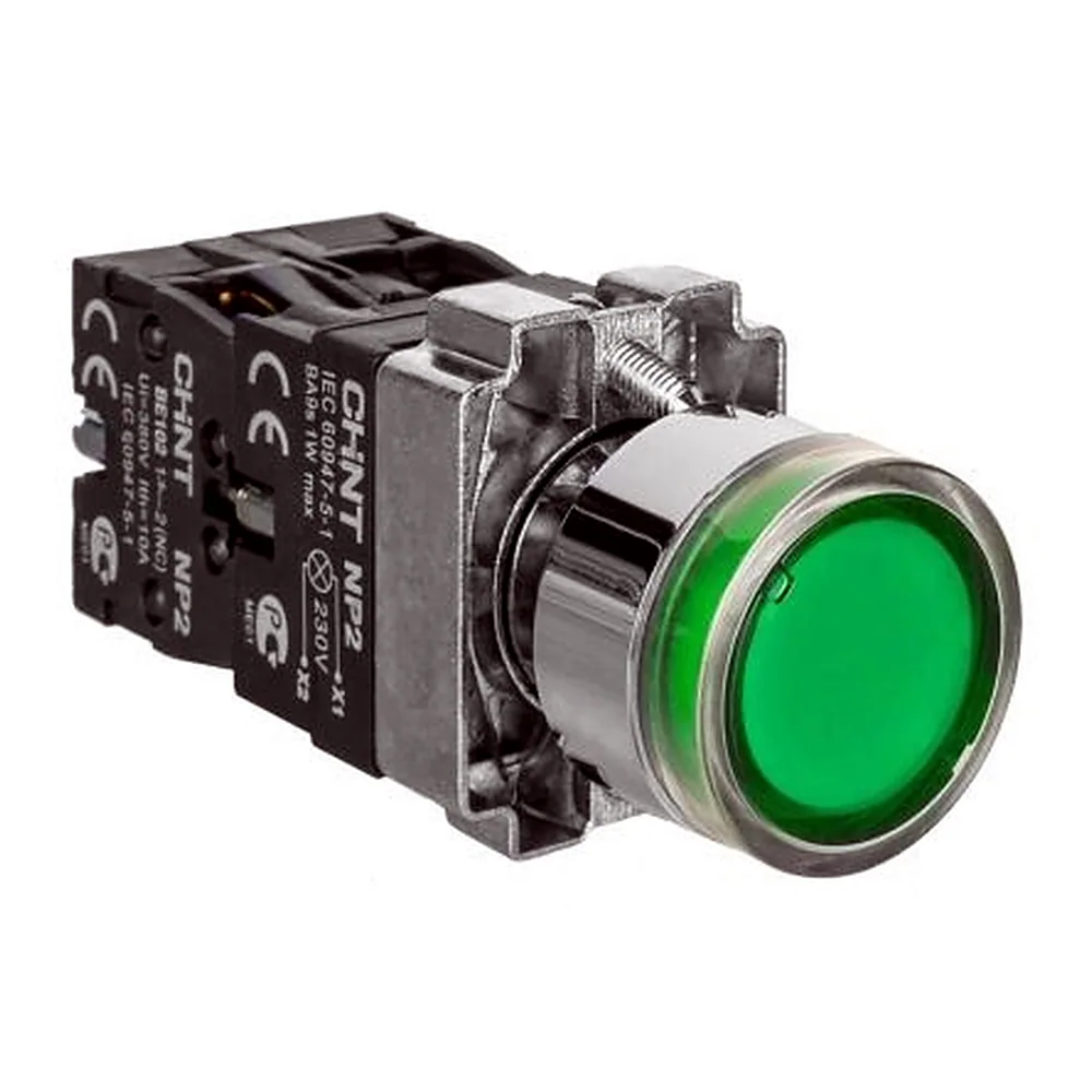 Кнопка CHINT NP2-BW3365 без підсвітки зелена 1NO+1NC AC/DC230В IP40 574365