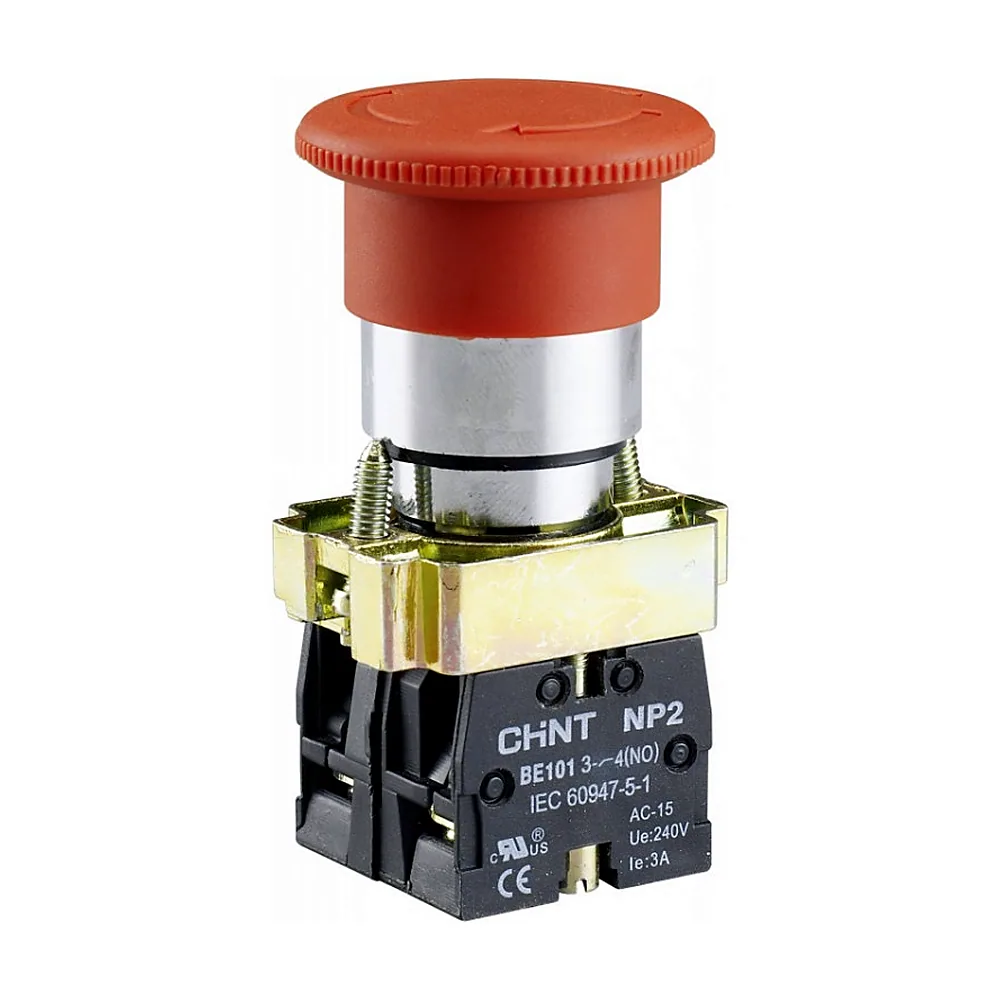 Кнопка CHINT NP2-BS545 грибок d40 мм із фіксацією без підсвітки червона 1NO+1NC IP40 574016