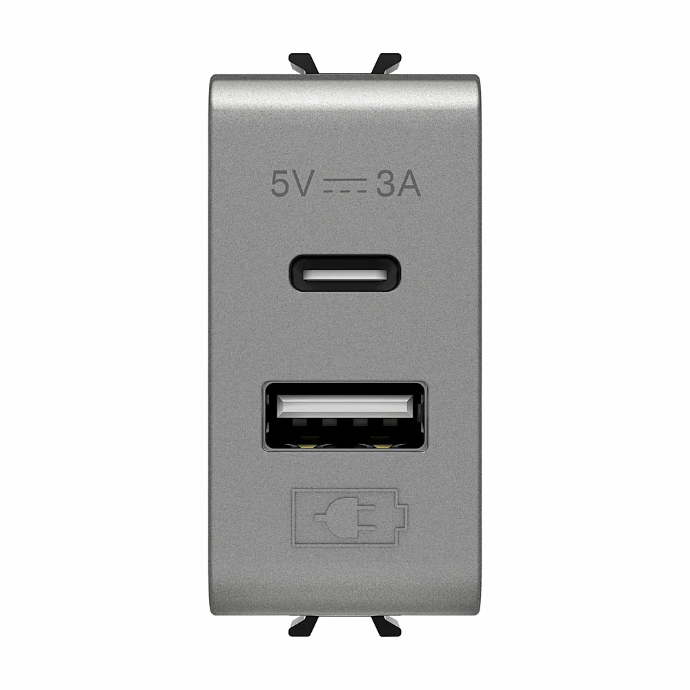 Розетка GEWISS CHORUSMART 2xUSB Type A+C 5V 3A 1M титан GW14449