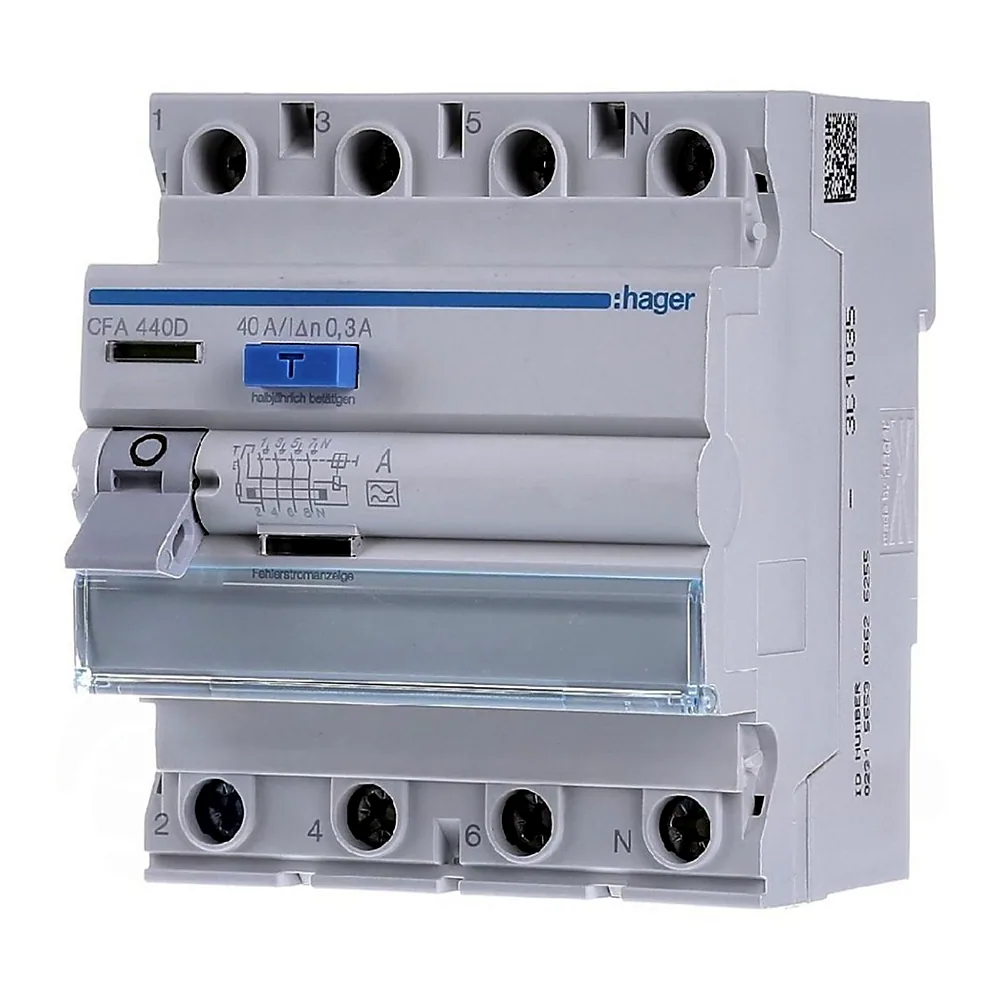 Пристрій захисного відключення Hager 4P 6kA 40A 300mA A CFA440D