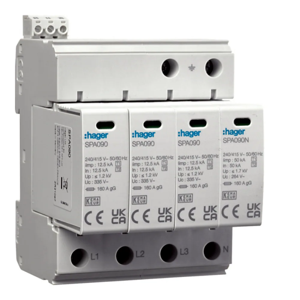 Обмежувач перенапруги Hager SPA931 T1+T2 4P 50kA 1,2kV TN-S TT дод. контакт