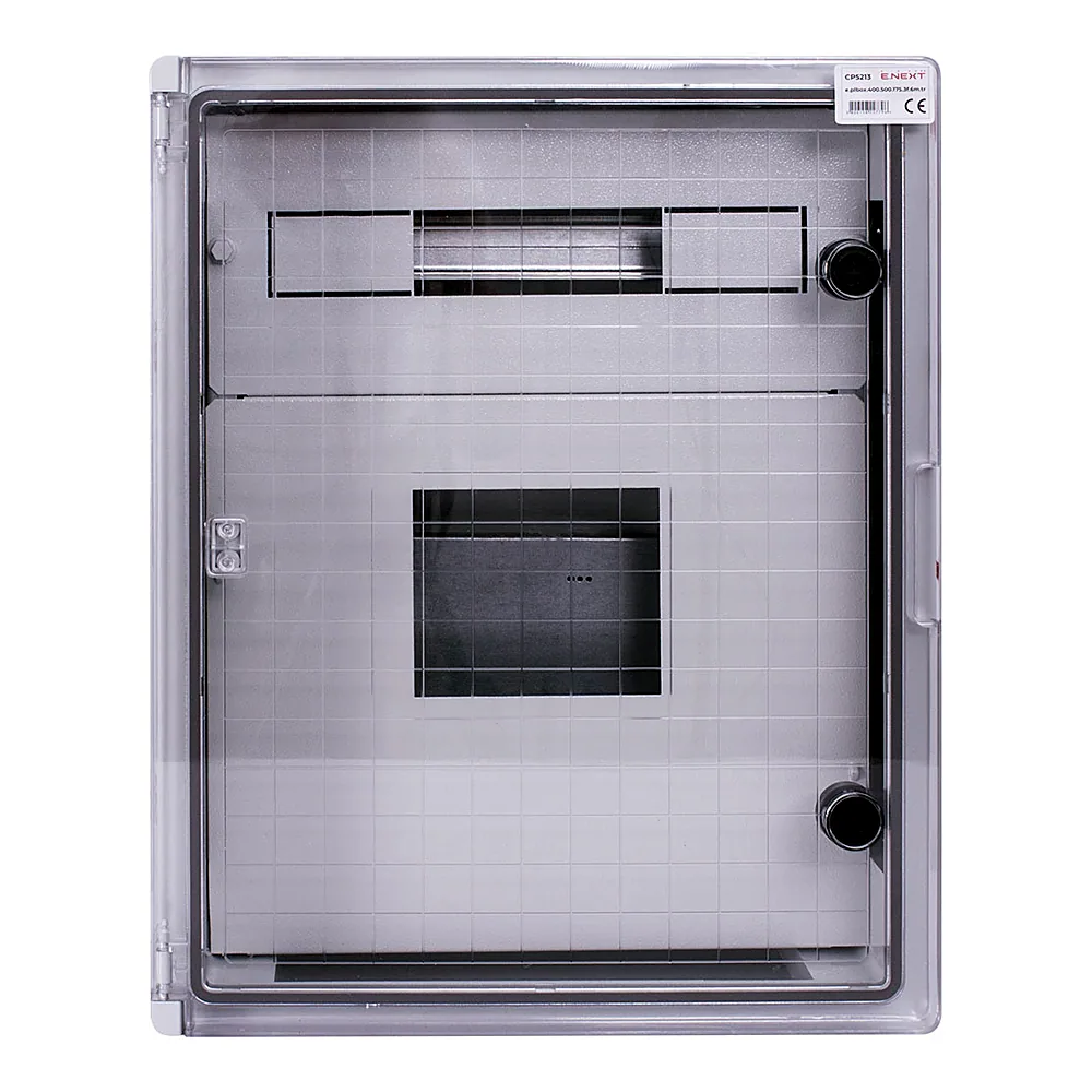 Шафа удароміцна з АБС-пластика e.plbox.400.500.175.3f.6m.tr, 400х500х185мм, IP65 з прозорими дверцятами,  панеллю під 3 - фазний лічильник та 6 модулів