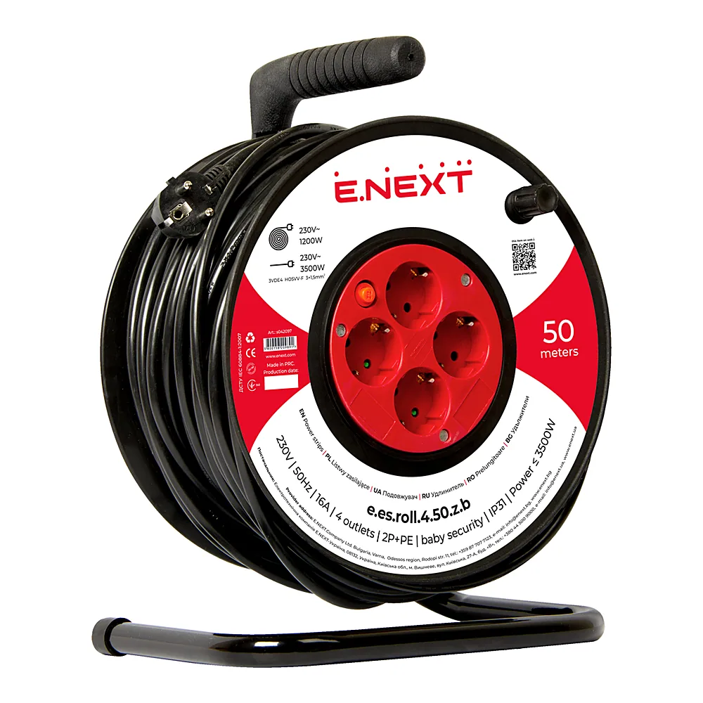Подовжувач на котушці E.NEXT e.es.roll.4.50.z.b. з/з 50 м 3x1,5 S042097