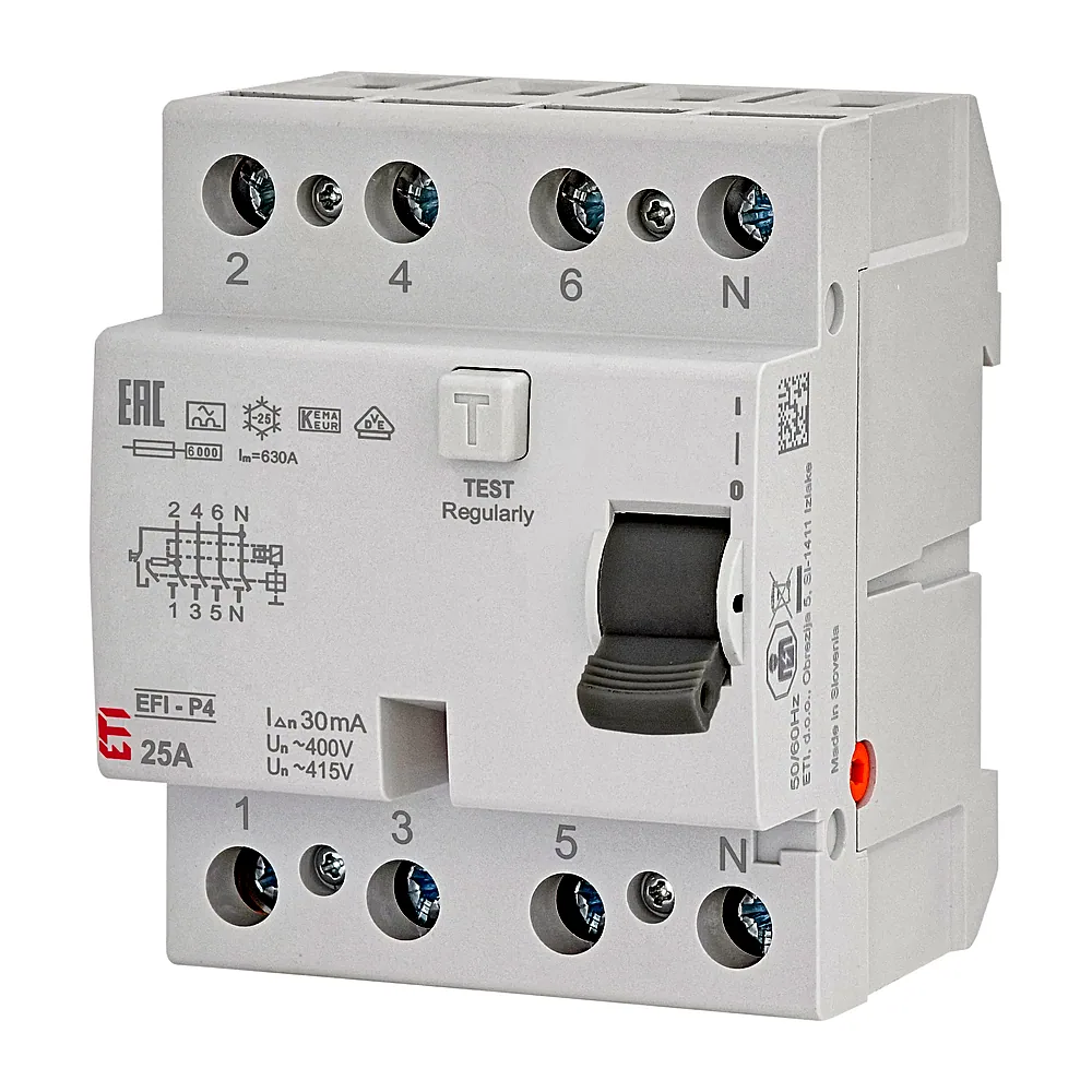 Реле диференційне ETI EFI6-P4 4P 25A 0,03A тип A 6kA 2061661