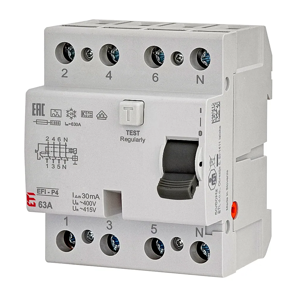 Реле диференційне ETI EFI6-P4 4P 63A 0,03A тип A 6kA 2061663