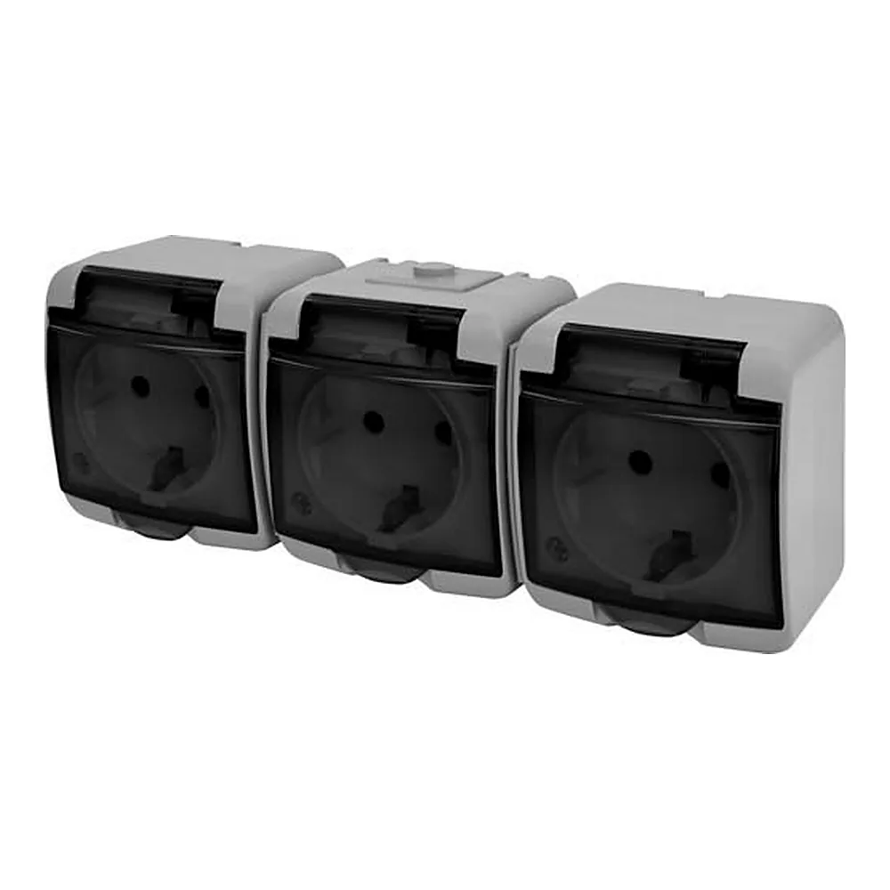 Розетка 3-я (Schuko) (сіра_димчата кришка) (IP54) RHE-3sd-SR, ETI 4668075