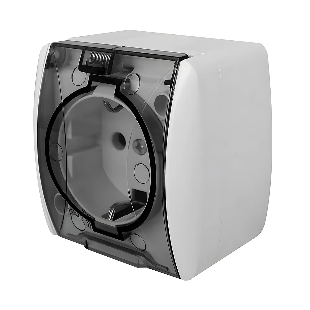 Розетка e.aqua.1231.grt з заземленням для зовнішнього встановлення IP54 кришка прозора біла E.NEXT s035058