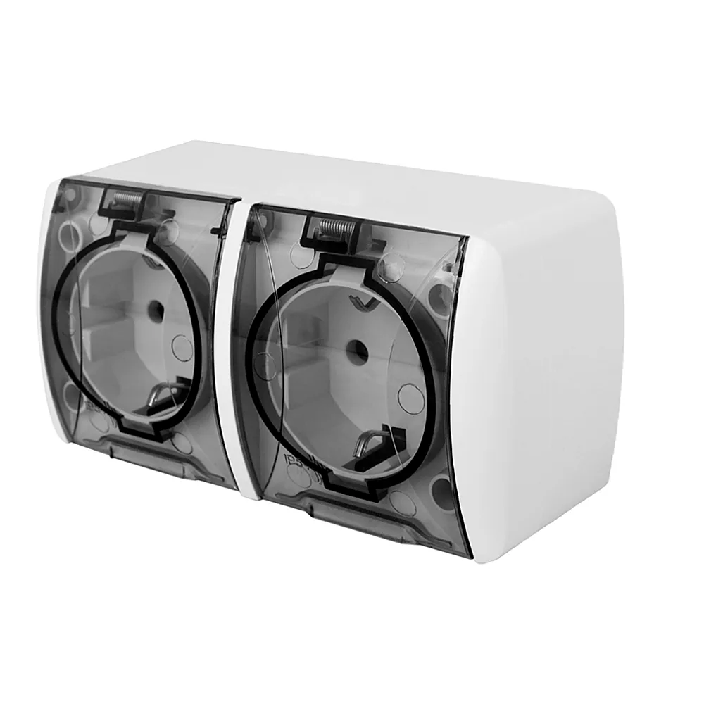 Розетка E.NEXT e.aqua.1232.grt подвійна з з/к для зовнішнього монтажу IP54 з прозорою кришкою s035059