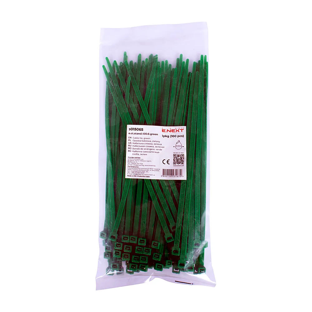 Кабельна стяжка e.ct.stand.400.8.green (100шт), зелена