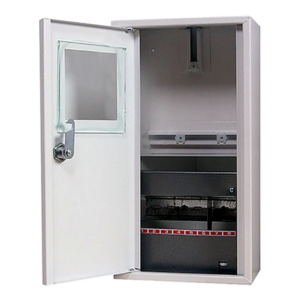 Шафа e.mbox.stand.n.f1.08.z.е металева, під 1-ф. електронний лічильник, 8 мод., навісна, з замком.