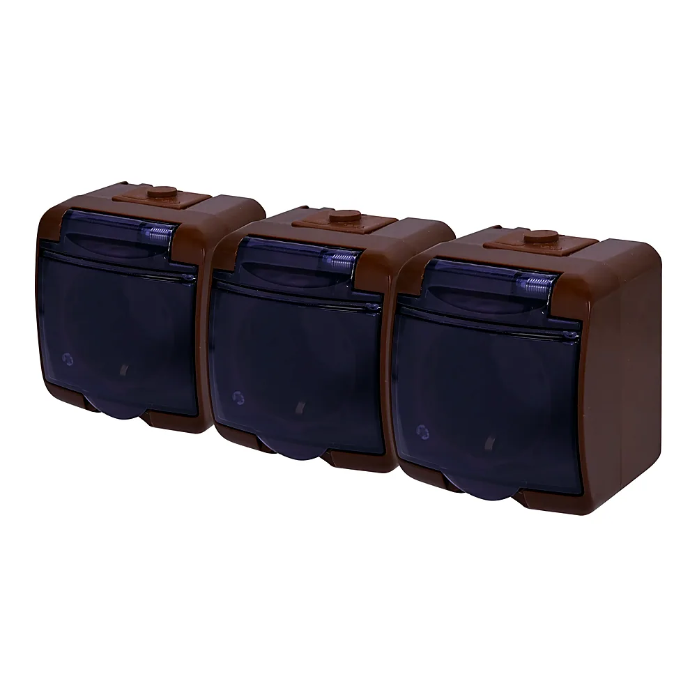 Розетка 3-я (Schuko) (коричн._димчата кришка) (IP54) RHE-3sd-KR, ETI