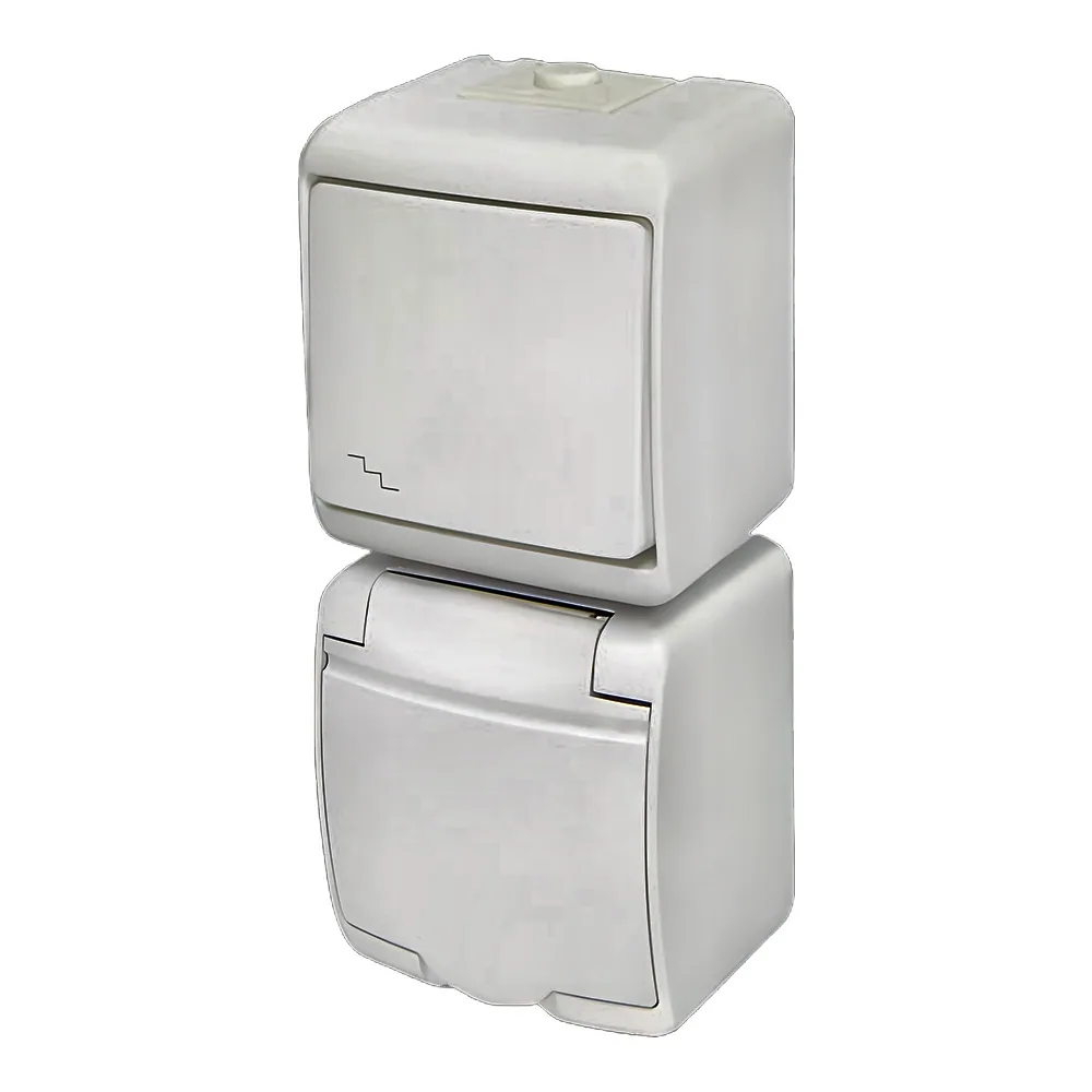 Мікс вертикальний сходовий вимикач + розетка Schuko біла кришка IP54 VRHP-3s ETI 4668029