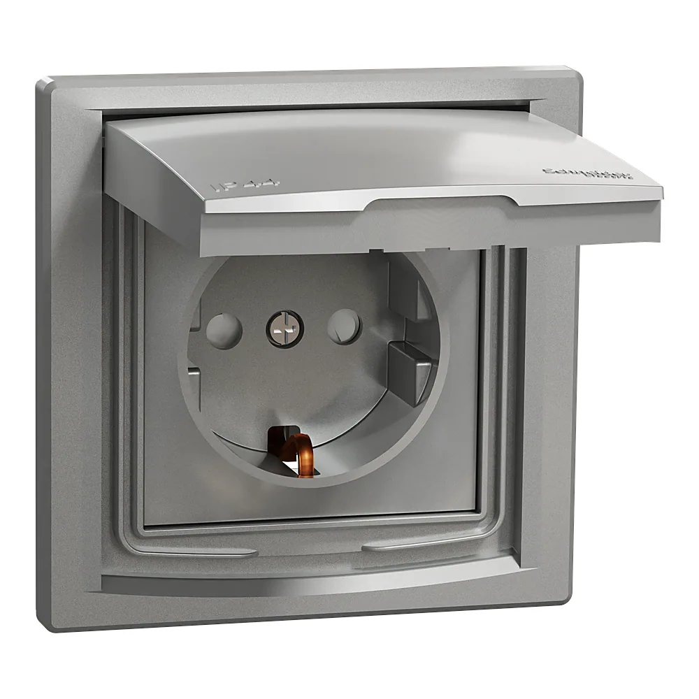 Розетка Asfora з заземленням шторками і кришкою IP44 алюміній Schneider Electric EPH3100361