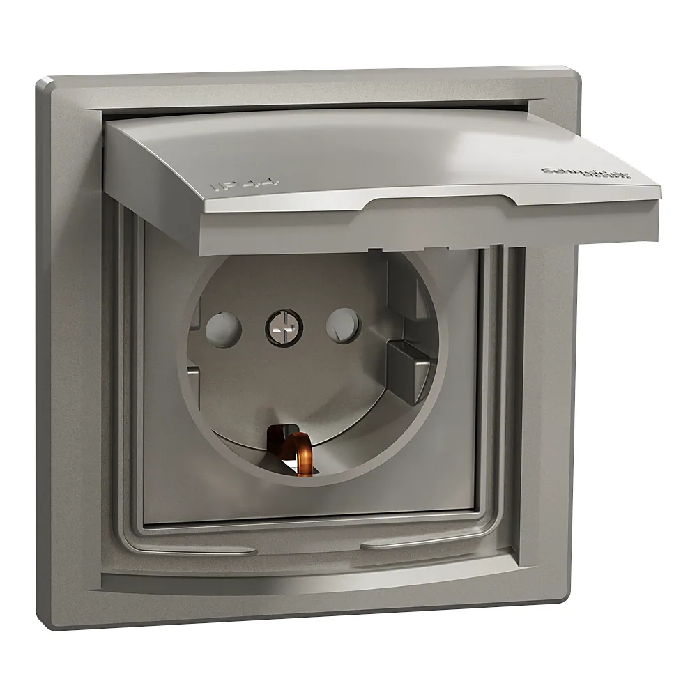 Розетка Asfora з заземленням шторками і кришкою IP44 бронза Schneider Electric EPH3100369