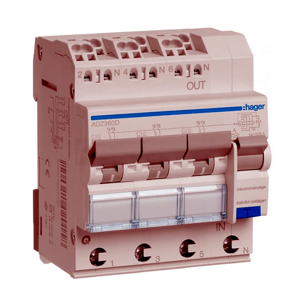 Диференційний автоматичний вимикач 3x(1P+N) 6kA C-10A 30mA тип-А QuickConnect, Hager