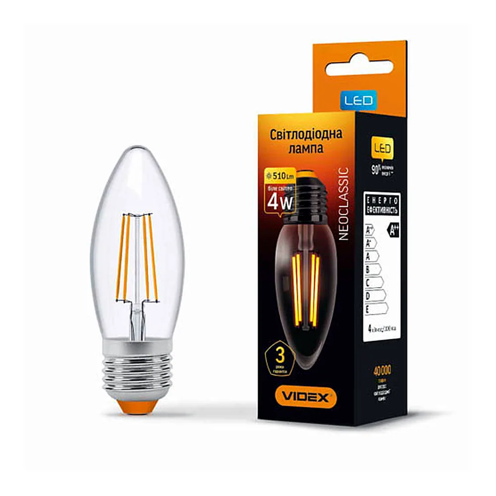 LED лампа VIDEX Filament C37F 4W E27 4100K 220V