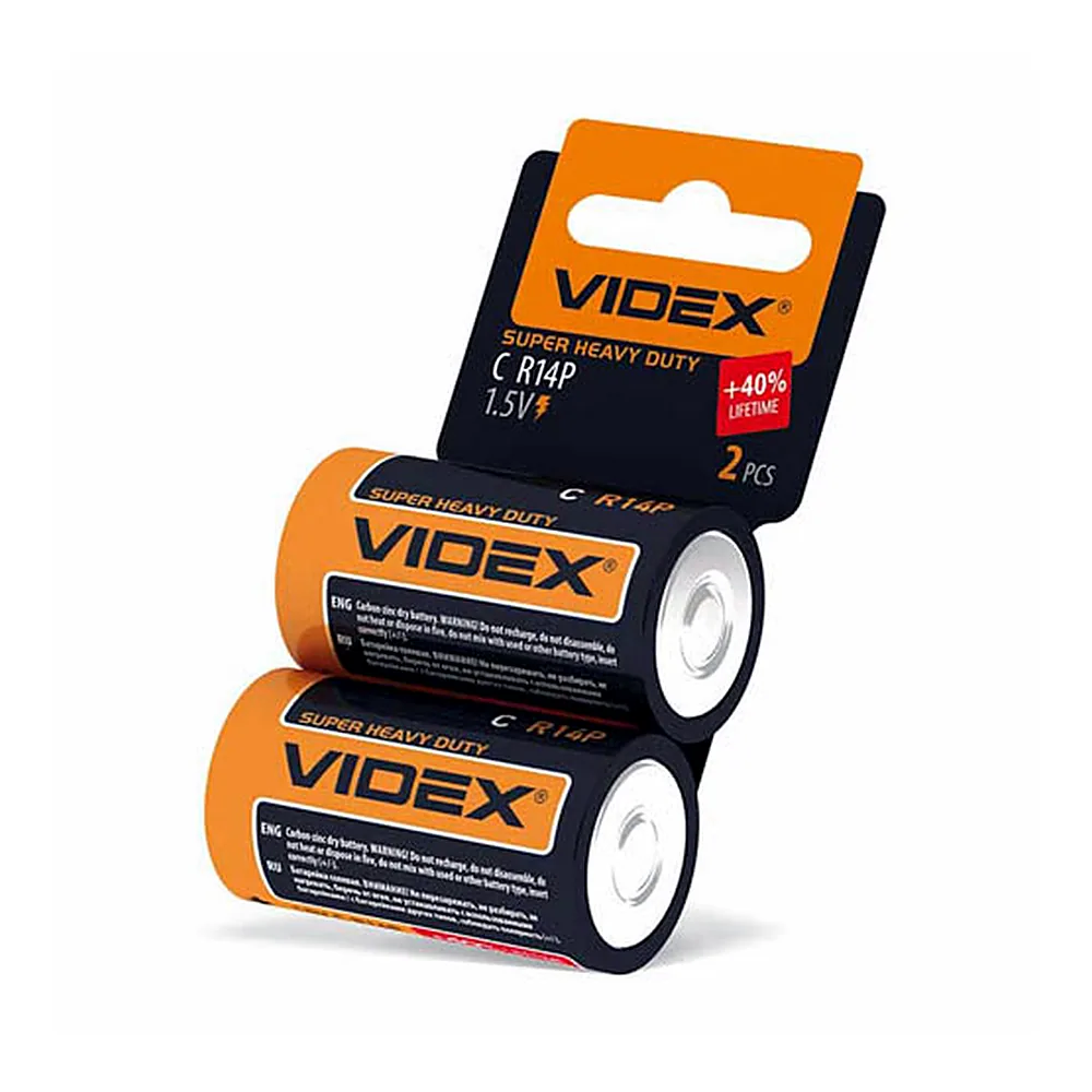 Батарейка сольова Videx R14P/C 2pcs SHRINK CARD (24/480)