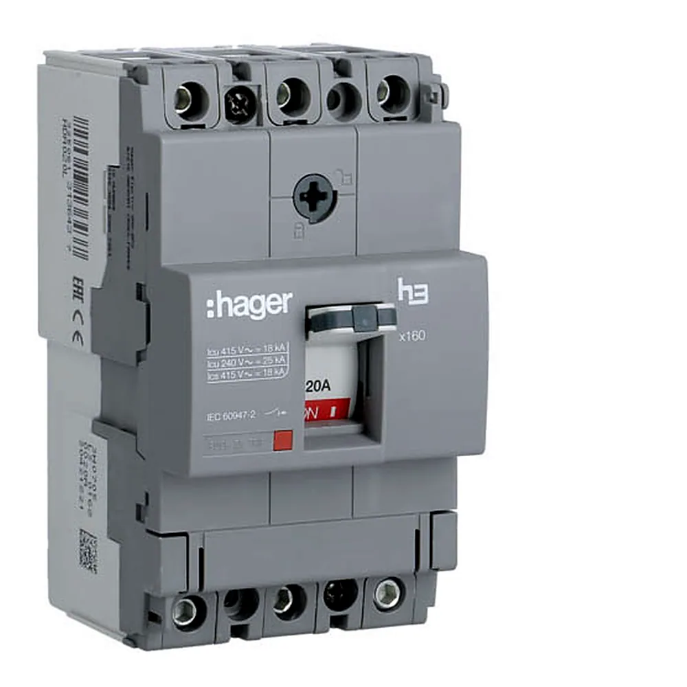 Автоматичний вимикач x160, In=20А, 3п, 18kA, Тфікс./Мфікс., Hager