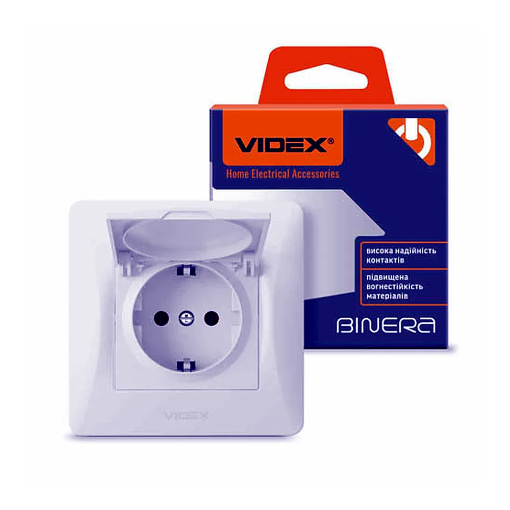VIDEX BINERA Розетка 1-на з заземленням і кришкою біла (VF-BNSK1GC-W)