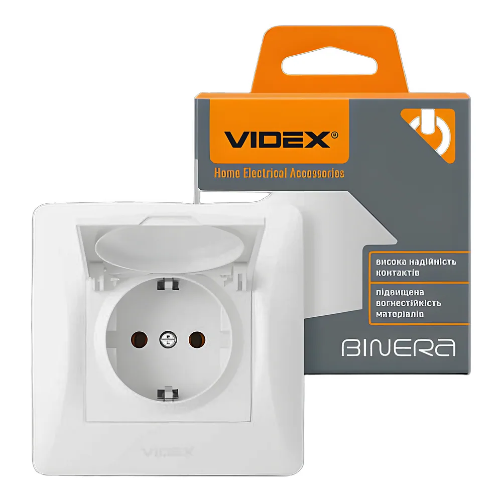 Розетка BINERA 1-постова з заземленням і кришкою біла Videx VF-BNSK1GC-W