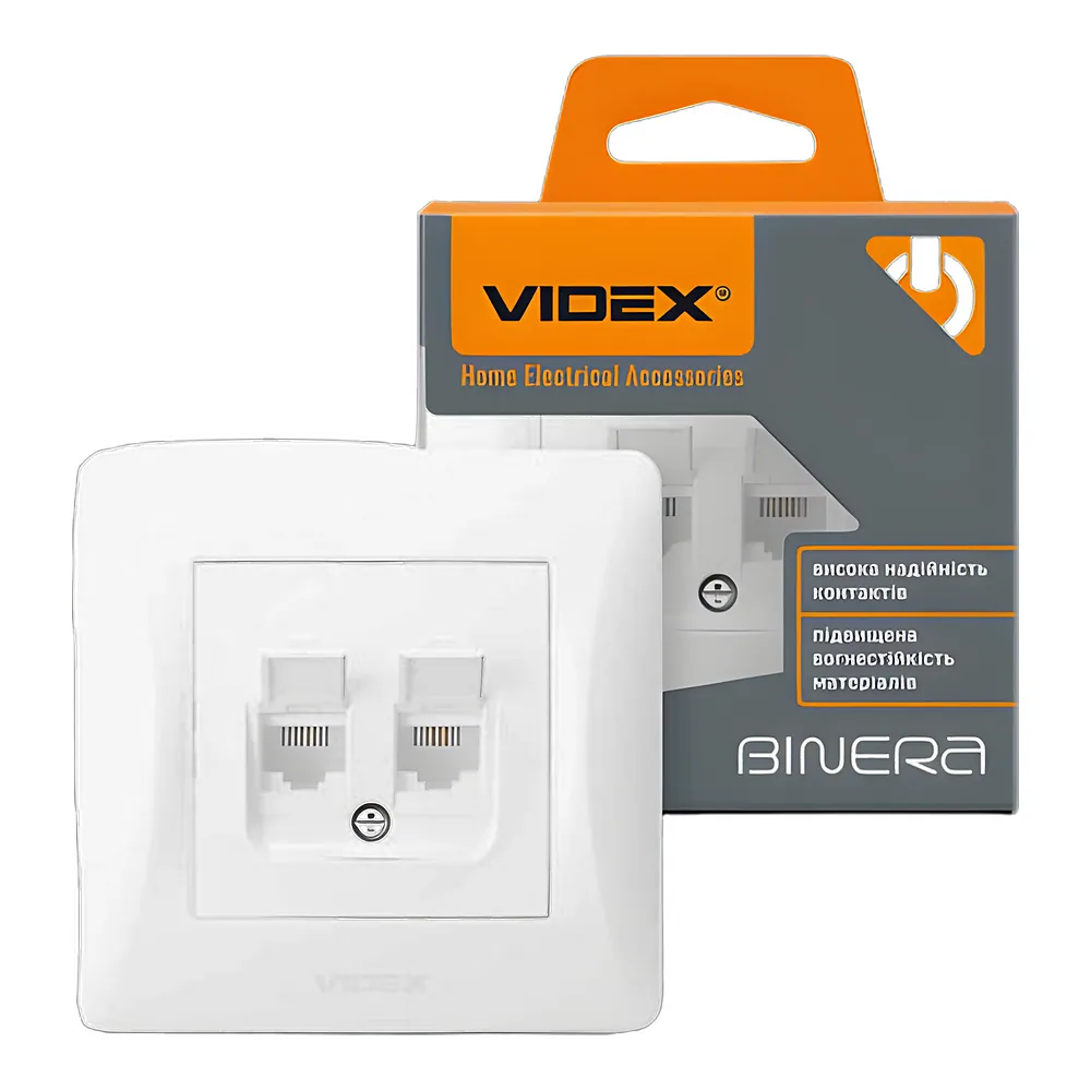 Розетка BINERA категорія 6+3 подвійна біла Videx VF-BNSK2PC6TF3-W