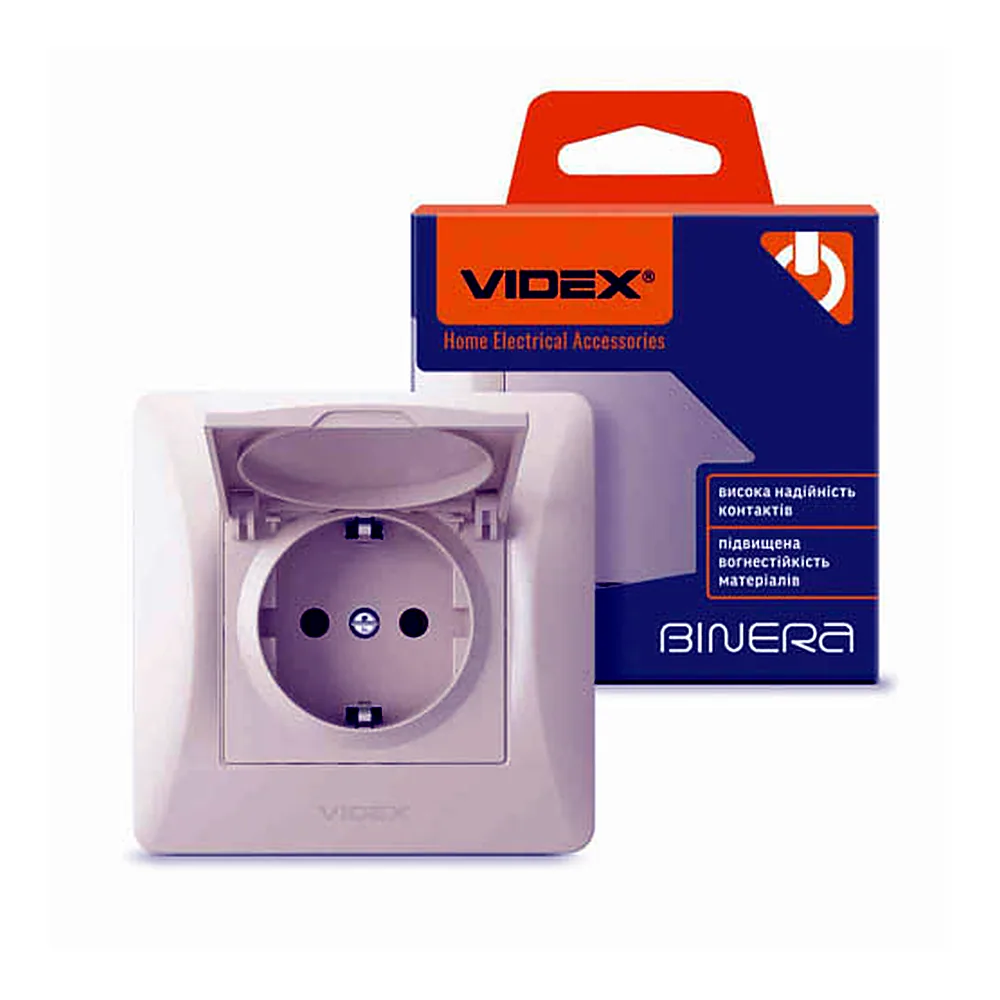 VIDEX BINERA Розетка 1-на з заземленням і кришкою кремова (VF-BNSK1GC-CR)