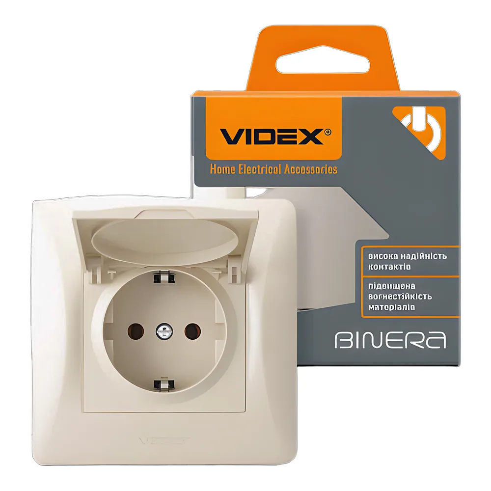 Розетка BINERA 1-постова з заземленням і кришкою кремова Videx VF-BNSK1GC-CR