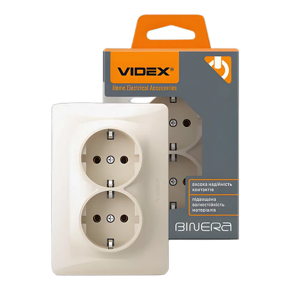 Розетка BINERA 2-постова з заземленням кремова Videx VF-BNSK2G-CR