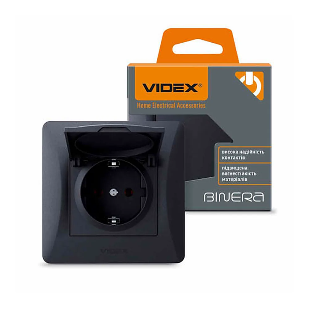 VIDEX BINERA Розетка 1-на з заземленням і кришкою чорний графіт (VF-BNSK1GC-BG)