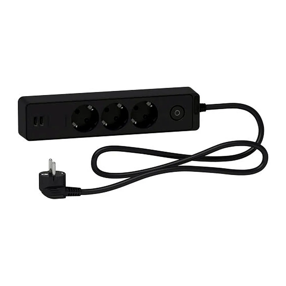 Подовжувач 3 місця з заземл.+2*USB чорн 1.5 м, Schneider Electric