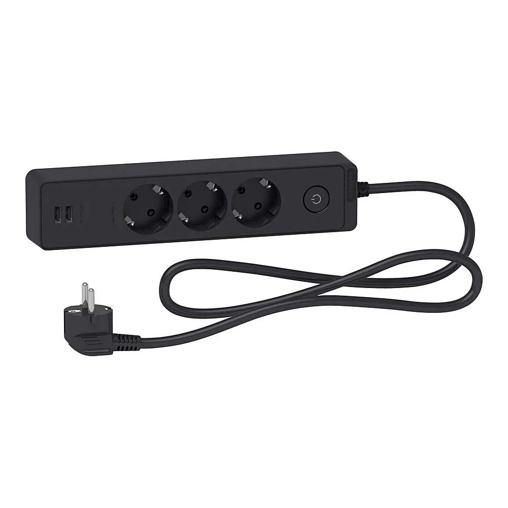 Подовжувач 3 місця з заземленням + 2×USB чорний 1,5 м Schneider Electric ST943U1B